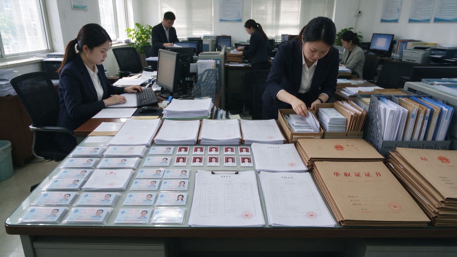 桌面证件表格与报名档案整理场景