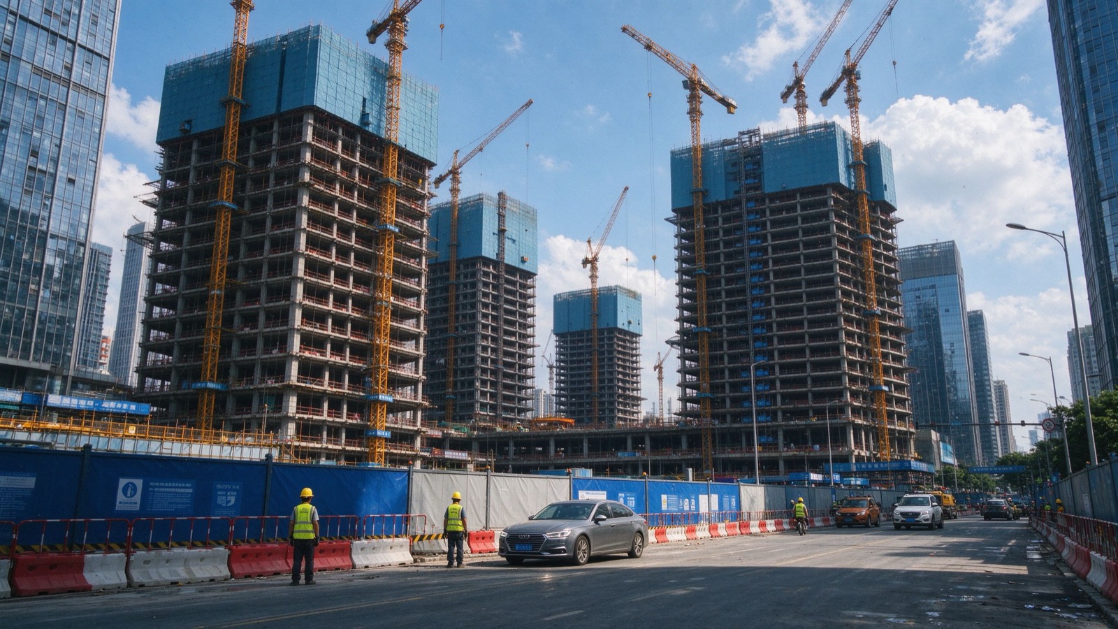 城市在建高楼与塔吊施工全景